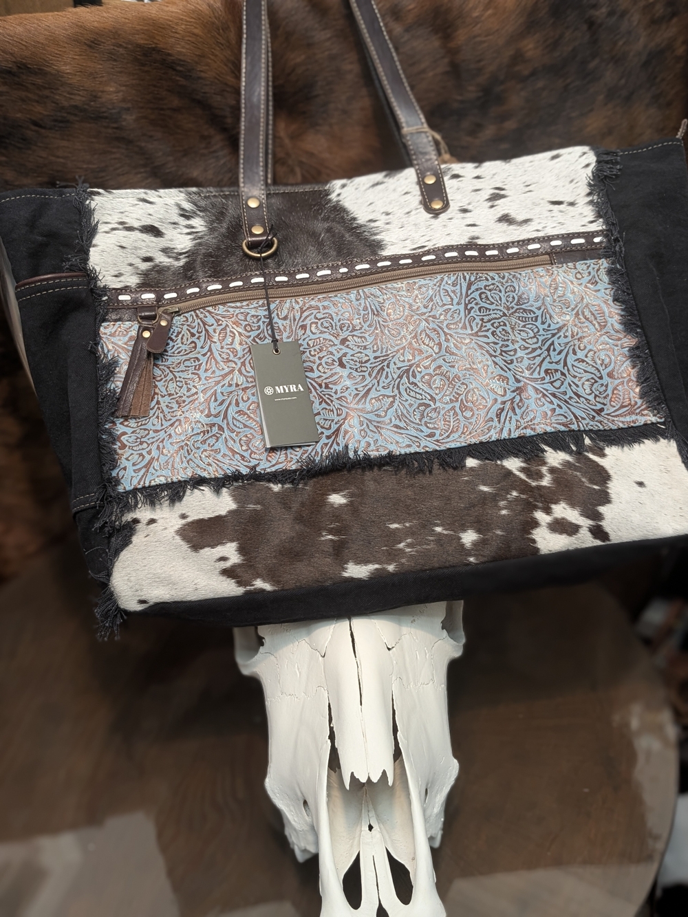 Myra Bag Weekender Handcrafted Cowhide Tote with Blue Paisley Accent